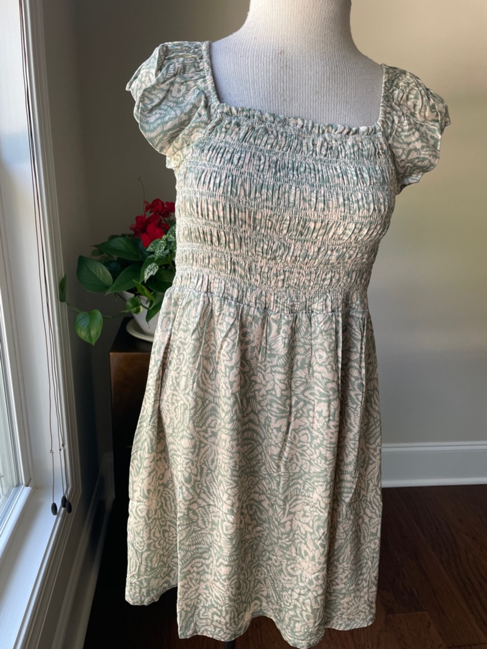saltwater LUXE Sage + Cream Smocked Square-Neck Mini Dress with Puff Sleeves